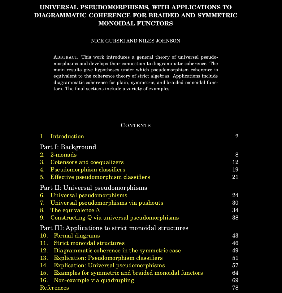 
          Screenshot of title page with table of contents showing 16 sections spanning 77 pages.  The paper is divided into three parts:
          I: Background
          II: Universal pseudomorphisms
          III: Applications to strict monoidal categories
          